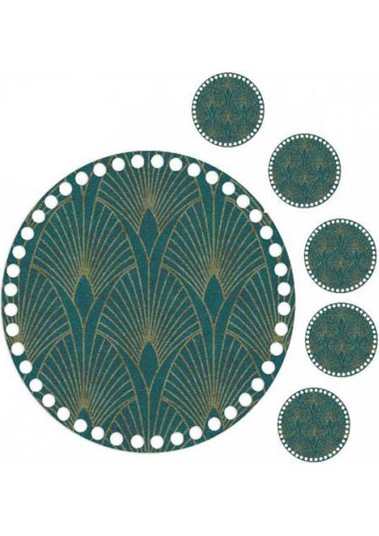 30 cm Yeşil Desen Baskılı Örgü Ahşap Tepsi Tabanı Plakası, 5 Adet 10 cm Baskılı Bardak Altı