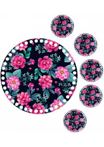 30 cm Çiçek Baskılı Örgü Ahşap Tepsi Tabanı Plakası, 5 Adet 10 cm Baskılı Bardak Altı 014 fiyatları