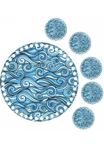 30 Cmmavi Desen Baskılı Örgü Ahşap Tepsi Tabanı Plakası, 5 Adet 10 cm Baskılı Bardak Altı