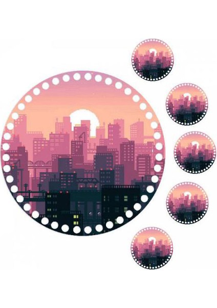 30 cm Manzara Baskılı Örgü Ahşap Tepsi Tabanı Plakası, 5 Adet 10 cm Baskılı Bardak Altı 016