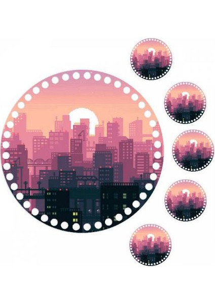 30 cm Manzara Baskılı Örgü Ahşap Tepsi Tabanı Plakası, 5 Adet 10 cm Baskılı Bardak Altı 016 fiyatları