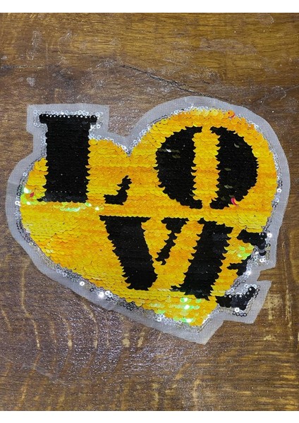 18X15 cm Pul Payetli Love Sarı Kalp Aplike Arma Yama Dikiş Aksesuarı