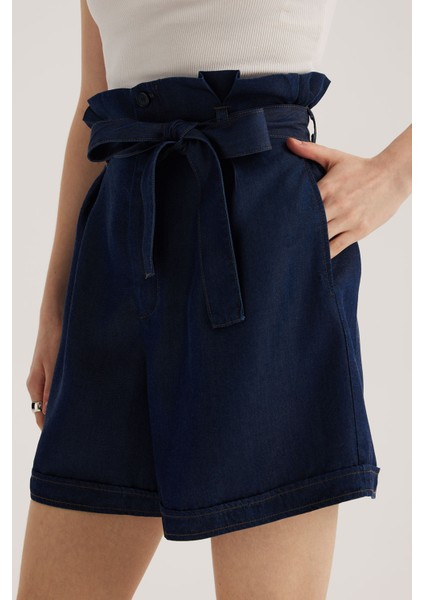 Mavi Beli Lastikli Yüksek Bel Kot Şort fiyatları