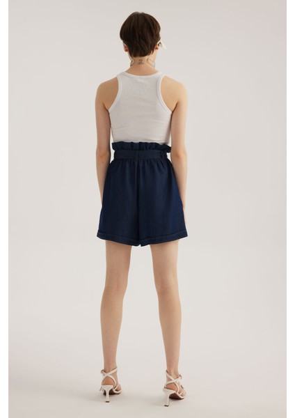 Mavi Beli Lastikli Yüksek Bel Kot Şort fırsatları