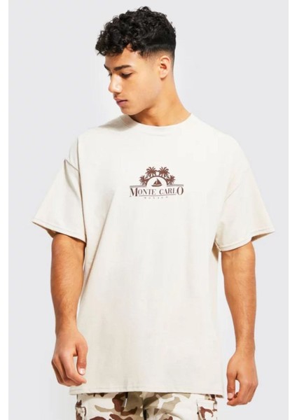 Erkek Bej Monte Carlo Baskılı Oversize Tshirt