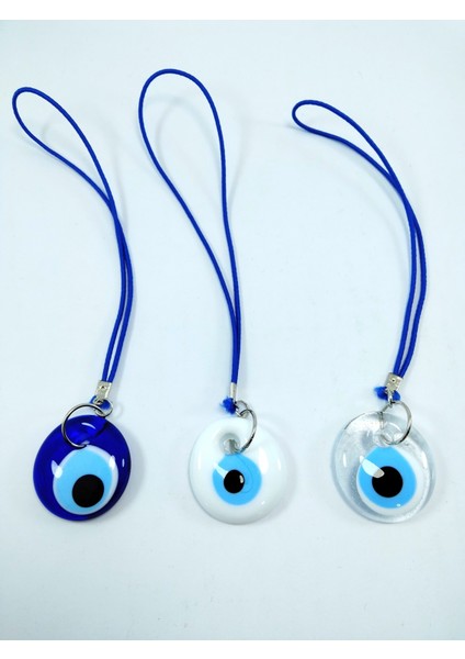 El Yapımı Cam Nazar Boncuk Beyaz+Saydam+Lacivert Araba Dikiz Ayna Süsü Üçlü Set Hediyelik Eşya