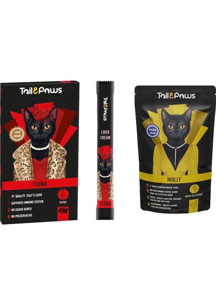 Tail & Paws Fıona Ciğerli Şekersiz Krema 15GR (5'li)+Molly Tavuk Etli Pounch Kedi Konservesi