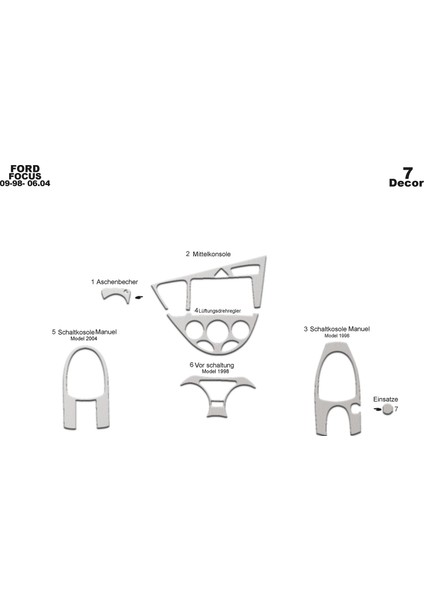 Meriç® Ford Focus Ön Torpido Kaplama Maun 7 Parça 1998-2004
