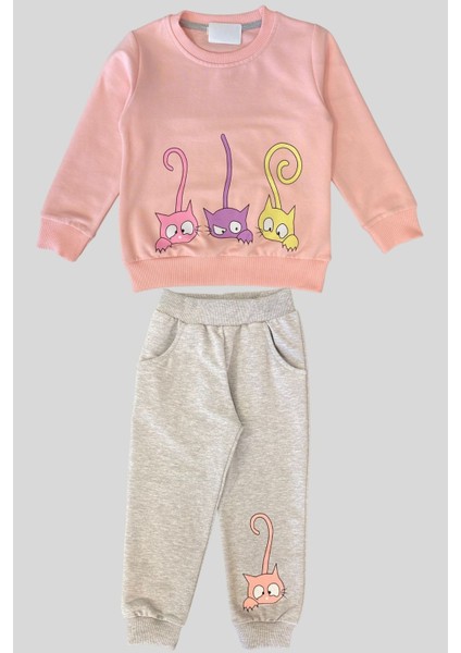 3-7 Yaş Kız Çocuk Kedi Desenli Takım Pudra