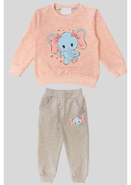 2-6 Yaş Kız Çocuk Fil Desenli Takım Somon