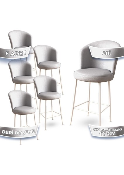 Concept Rika Serisi 65 cm Deri Bar Sandalyesi Beyaz Metal Ayaklı 6 Adet Ada Mutfak Bar Sandalyesi