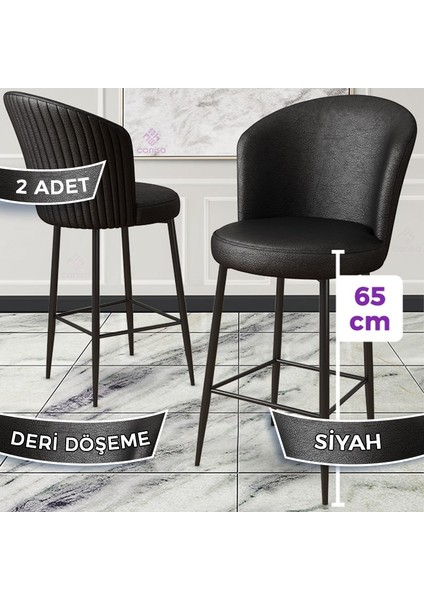 Concept Rika Serisi 65 cm Deri Bar Sandalyesi Siyah Metal Ayaklı 2 Adet Ada Mutfak Bar Sandalyesi