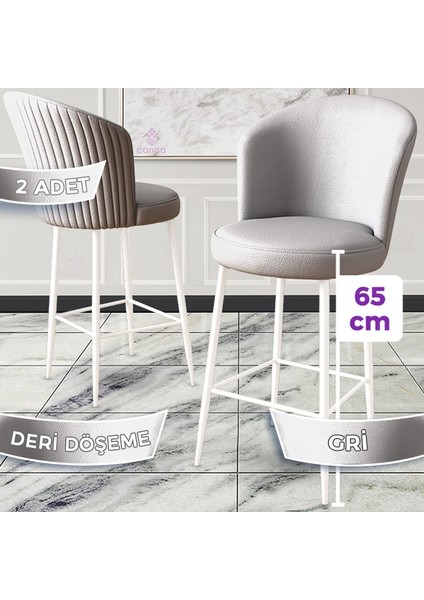 Concept Rika Serisi 65 cm Deri Bar Sandalyesi Beyaz Metal Ayaklı 2 Adet Ada Mutfak Bar Sandalyesi