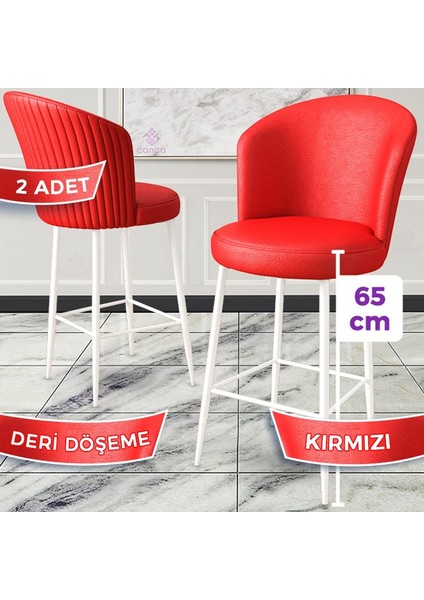 Concept Rika Serisi 65 cm Deri Bar Sandalyesi Beyaz Metal Ayaklı 2 Adet Ada Mutfak Bar Sandalyesi