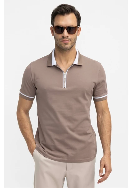 Erkek Polo Yaka Slim Fit Pamuk Fermuarlı Pike Tişört