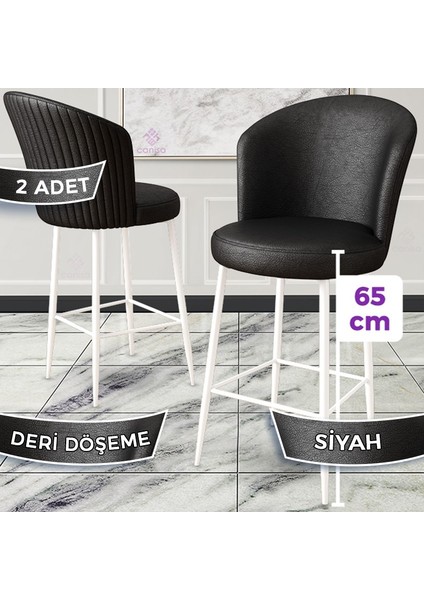 Concept Rika Serisi 65 cm Deri Bar Sandalyesi Beyaz Metal Ayaklı 2 Adet Ada Mutfak Bar Sandalyesi