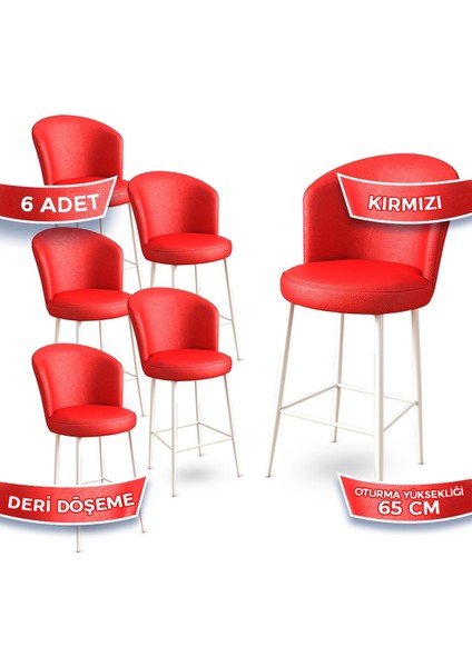Concept Rika Serisi 65 cm Deri Bar Sandalyesi Beyaz Metal Ayaklı 6 Adet Ada Mutfak Bar Sandalyesi