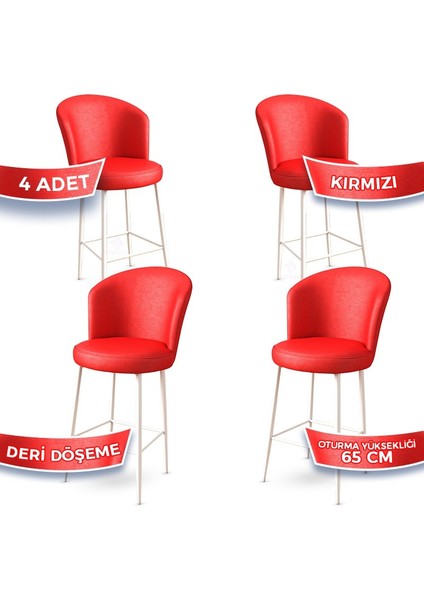 Concept Rika Serisi 65 cm Deri Bar Sandalyesi Beyaz Metal Ayaklı 4 Adet Ada Mutfak Bar Sandalyesi