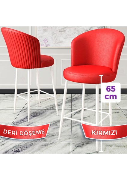Concept Rika Serisi 65 cm Deri Bar Sandalyesi Beyaz Metal Ayaklı 4 Adet Ada Mutfak Bar Sandalyesi