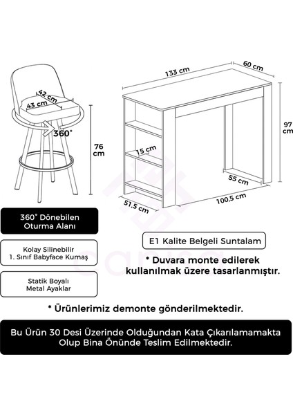 Canisa Concept Kasra Serisi Barok Bar Masası Takımı Ada Mutfak Masa Takımı 2 Adet Atex Sandalye