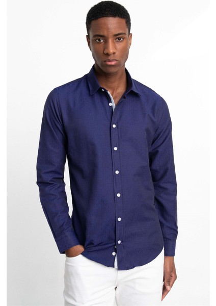 Slim Fit Uzun Kol Oxford Doku Armürlü Biyeli Erkek Gömlek10