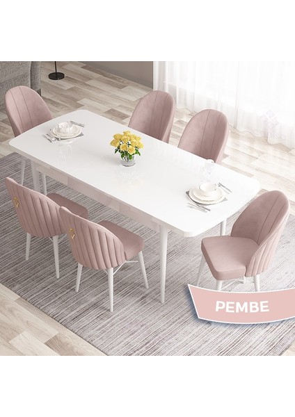 Concept Roz Serisi 80X132 Mdf Açılabilir Beyaz Mutfak Masa Takımı 6 Sandalye Gold Halkalı fiyatları