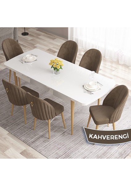 Concept Roz Serisi 80X132 Mdf Beyaz Mutfak Masa Takımı Doğal Ahşap Ayak Beyaz Kafes 6 Sandalye Gold Halka