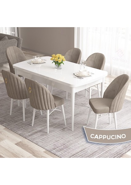 Concept Roz Serisi 80X132 Mdf Açılabilir Beyaz Mutfak Masa Takımı 6 Sandalye Gold Halkalı
