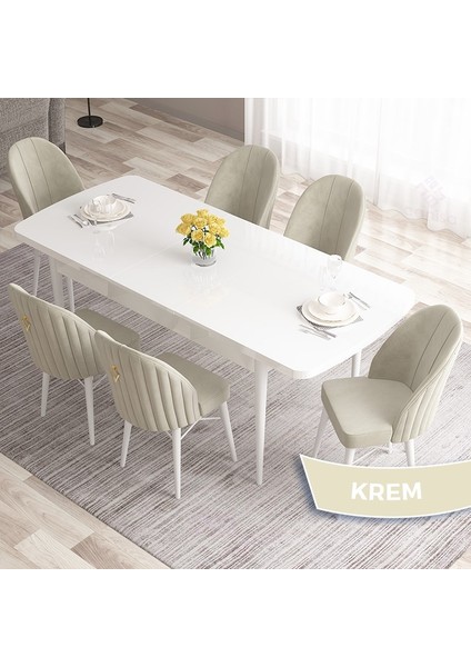 Concept Roz Serisi 80X132 Mdf Açılabilir Beyaz Mutfak Masa Takımı 6 Sandalye Gold Halkalı