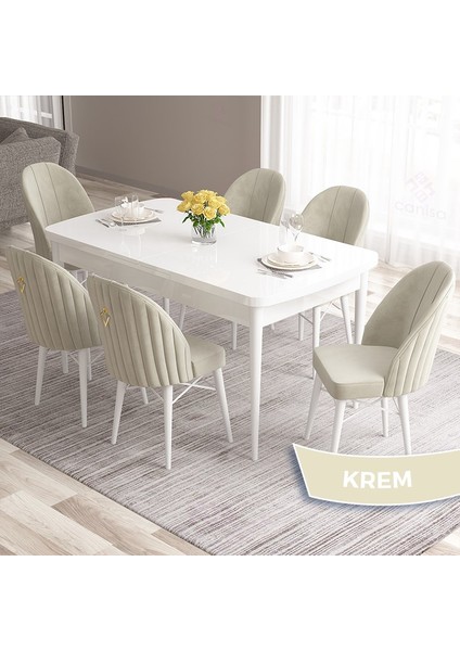 Concept Roz Serisi 80X132 Mdf Açılabilir Beyaz Mutfak Masa Takımı 6 Sandalye Gold Halkalı modelleri