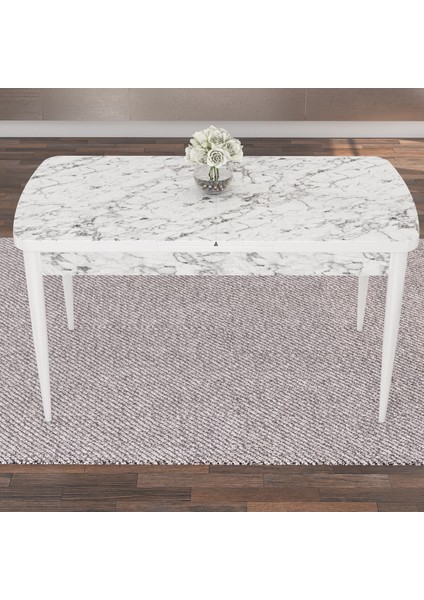 Concept Roz Serisi 80X132 Mdf Açılabilir Beyaz Mermer Desen Mutfak Masası 4 Sandalye ve 1 Bench Gold Halka