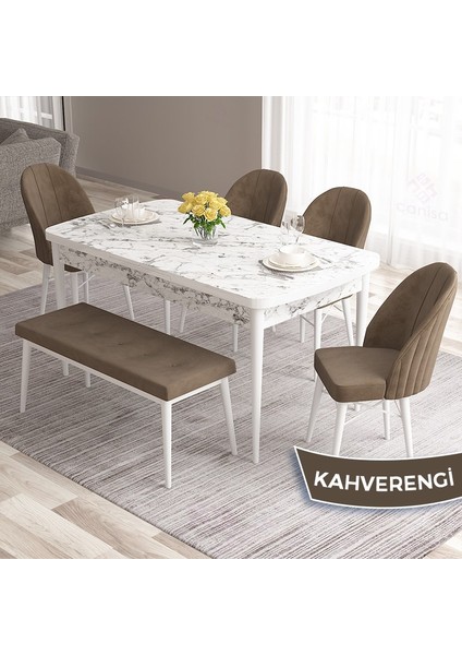 Concept Roz Serisi 80X132 Mdf Açılabilir Beyaz Mermer Desen Mutfak Masası 4 Sandalye ve 1 Bench Gold Halka fiyatları