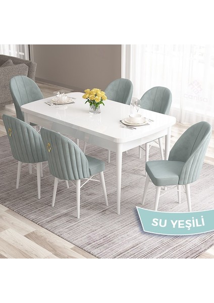Concept Roz Serisi 80X132 Mdf Açılabilir Beyaz Mutfak Masa Takımı 6 Sandalye Gold Halkalı