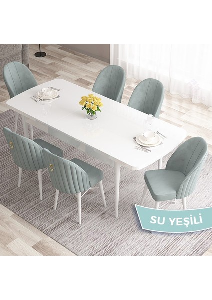 Concept Roz Serisi 80X132 Mdf Açılabilir Beyaz Mutfak Masa Takımı 6 Sandalye Gold Halkalı fiyatları