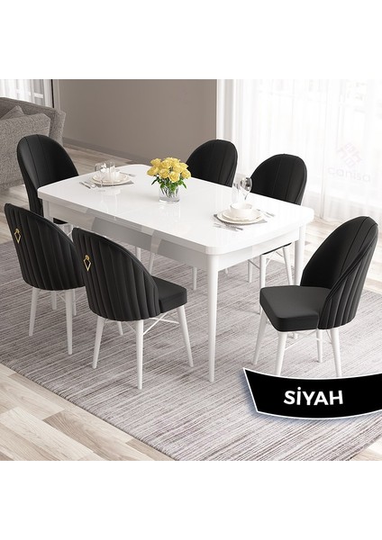 Concept Roz Serisi 80X132 Mdf Açılabilir Beyaz Mutfak Masa Takımı 6 Sandalye Gold Halkalı