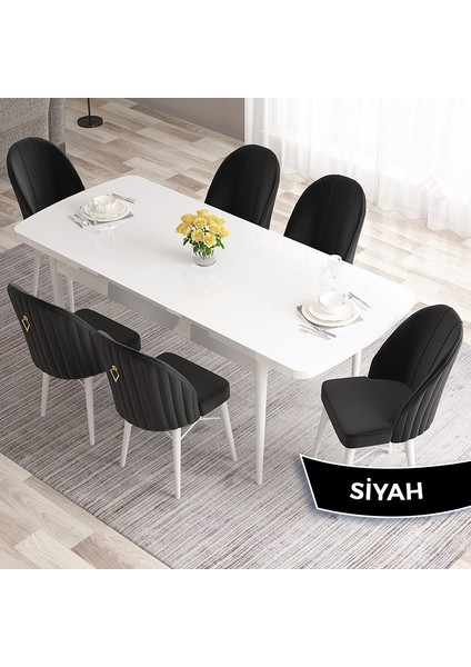 Concept Roz Serisi 80X132 Mdf Açılabilir Beyaz Mutfak Masa Takımı 6 Sandalye Gold Halkalı fiyatları