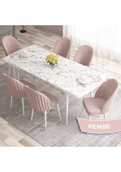 Concept Roz SERISI,80X132 Mdf Açılabilir Beyaz Mermer Desen Mutfak Masası Takımı 6 Sandalye Gold Halkalı fiyatları