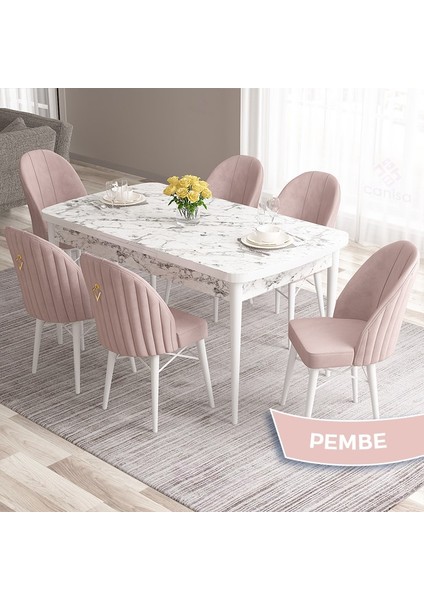 Concept Roz SERISI,80X132 Mdf Açılabilir Beyaz Mermer Desen Mutfak Masası Takımı 6 Sandalye Gold Halkalı modelleri