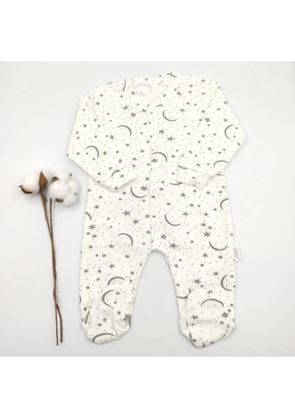 Ay Yıldız Desenli Krem Kız Bebek Tulumu Cotton