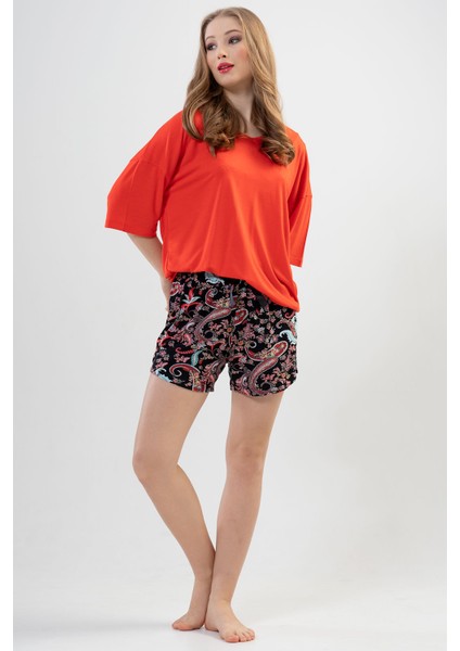 Kadın V Yaka Düşük Omuzlu Kısa Kol Şortlu Pijama Takım