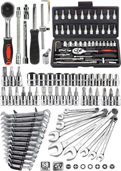 58 Parça 46 Mini Lokma Takımı Otomatik Cırcırlı 1/4" 12 Parça Kombine Açık Ağız-Yıldız Anahtar Takım