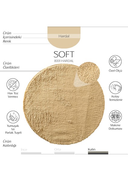 Soft 8001 Hardal Yumuşak Dokulu Halı Salon Mutfak Koridor Kesme Yolluk Dokuma Yuvarlak Makine Halısı