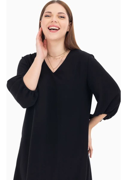 Kadın Büyük Beden Midi Boy Truvakar Kol Elbise 1090 Siyah modelleri