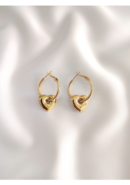 Paslanmaz Çelik Kadın Gold Kalpli Halka Küpe