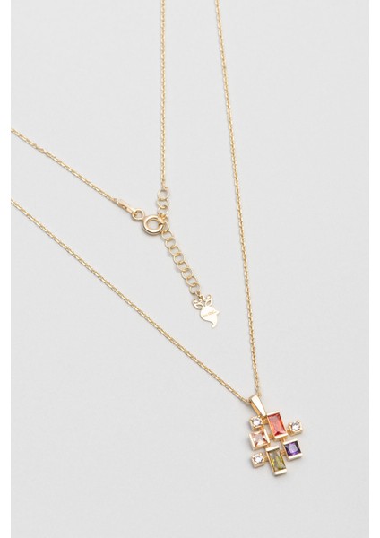 18 Ayar Sarı Altın Kaplama Renkli Baget Taşlı 47 cm Tasarım Gümüş Kolye