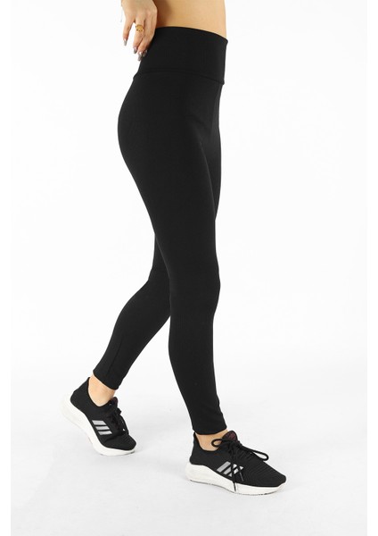 Siyah Kadın Toparlayıcı Yüksek Bel Fitilli Bel Daraltan Kadın Spor Tayt