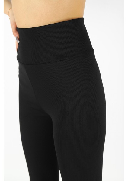 Siyah Kadın Toparlayıcı Yüksek Bel Fitilli Bel Daraltan Kadın Spor Tayt modelleri