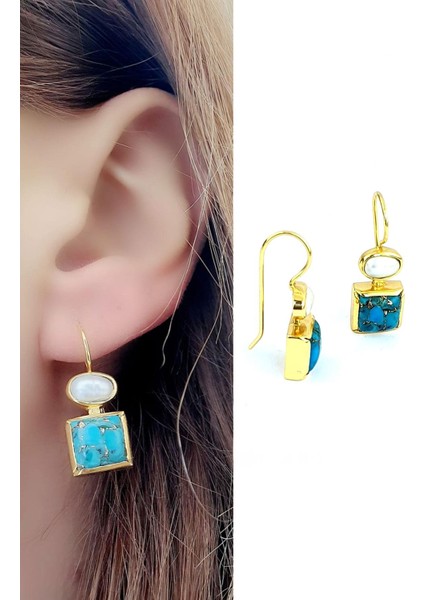 Inci ve Turkuaz Taşlı 925AYAR Gümüş Üzerine Altın Kaplama Doğal Taş Küpe