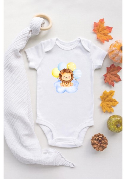 Sevmli Aslan Baskılı Beyaz Bebek Body %100 Pamuklu Organik Baskılı Çıtçıtlı Bebek Badi Zıbın