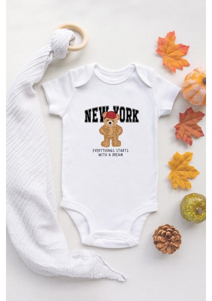 Organik %100 Pamuk Uzun Kollu Beyaz Newyork Teddy Bear Bebek Body Bebek Badi Çıtçıtlı Zıbın
